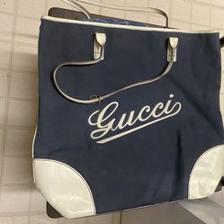 Pre Owned  Gucci Script Logo Nylon Tote White  Blue Cream Navy Blue