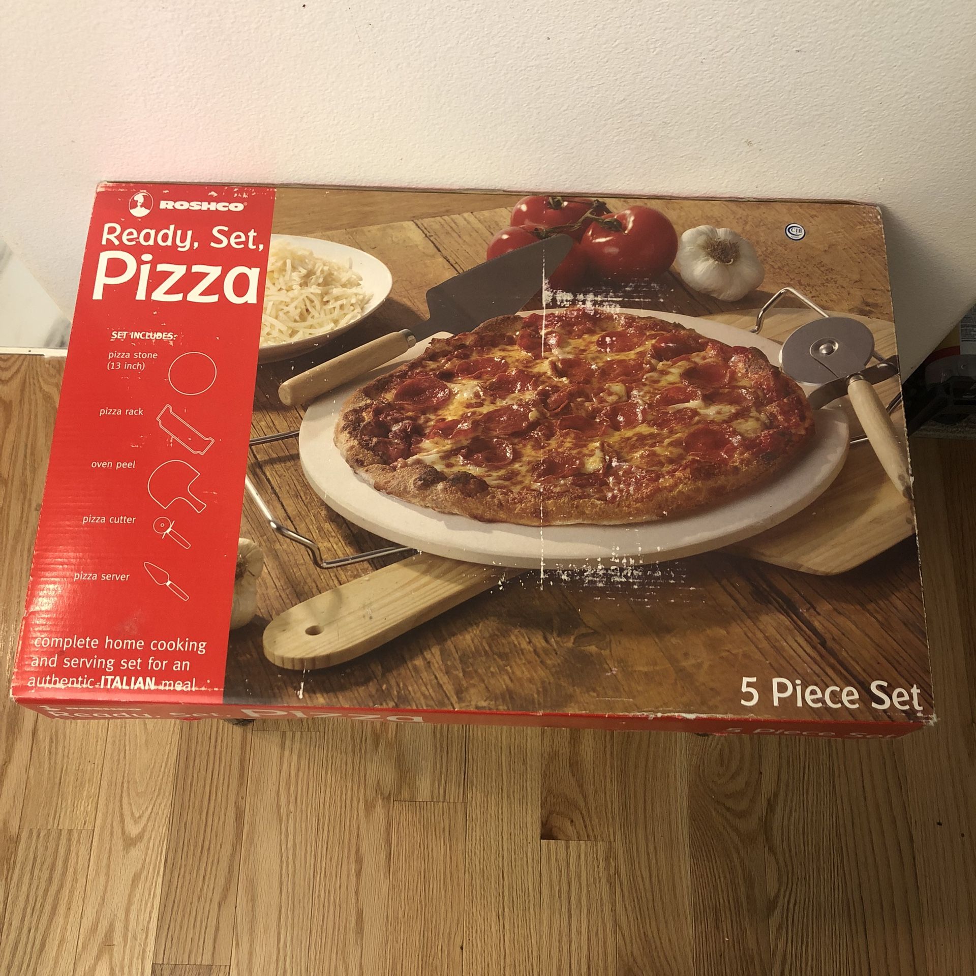 ROSHCO Ready set Italian Meal 5 Piece 13” Pizza Stone Set- Prep, Cook & Serve Set