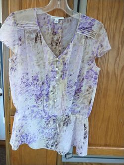 BANANA REPUBLIC Top/Blouse With Pleating Detail Short Cap Sleeve Sheer Fabric Size S Purple And Bown/Beige NEW