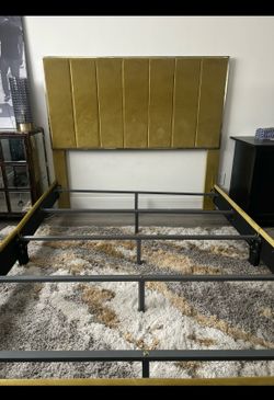 Chartreuse green gold velvet queen bed frame