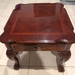 Traditional Dark Wood End Table with Drawer, Carved Legs & Brass Drop Handle