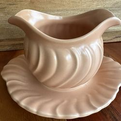 Vintage Franciscan Ware Coronado Swirl Gravy Boat with attached underplate Pink Coral (Matte)