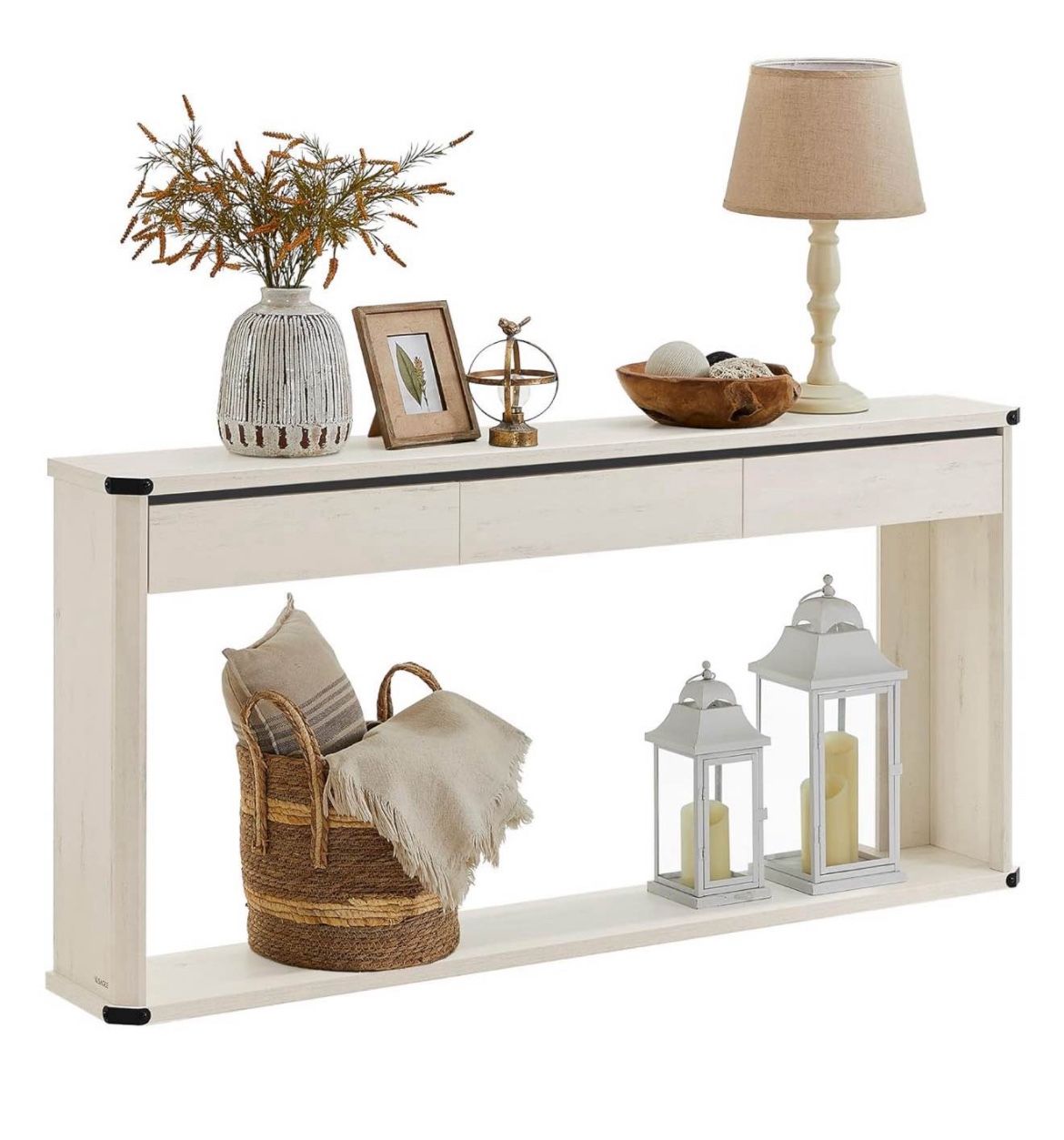 Console Table, 63 Inches Sofa Table, Narrow Entryway Table, Entry Table with 3 Drawers, Bottom Shelf, Metal Corners, for Living Room, Bedr