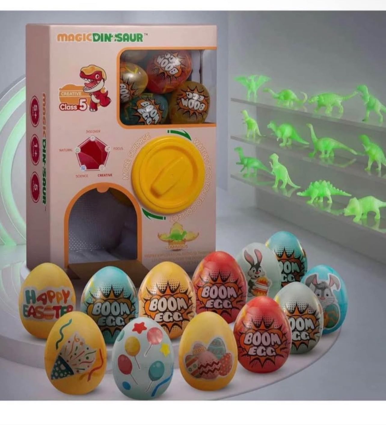 Brandnew Mini Vending Machine with 12 Jumbo Smash Dinosaur Eggs & 12 Luminous Dino Figures, Hatching Burst Easter Eggs Toys for Kids Boys and Girls 3-