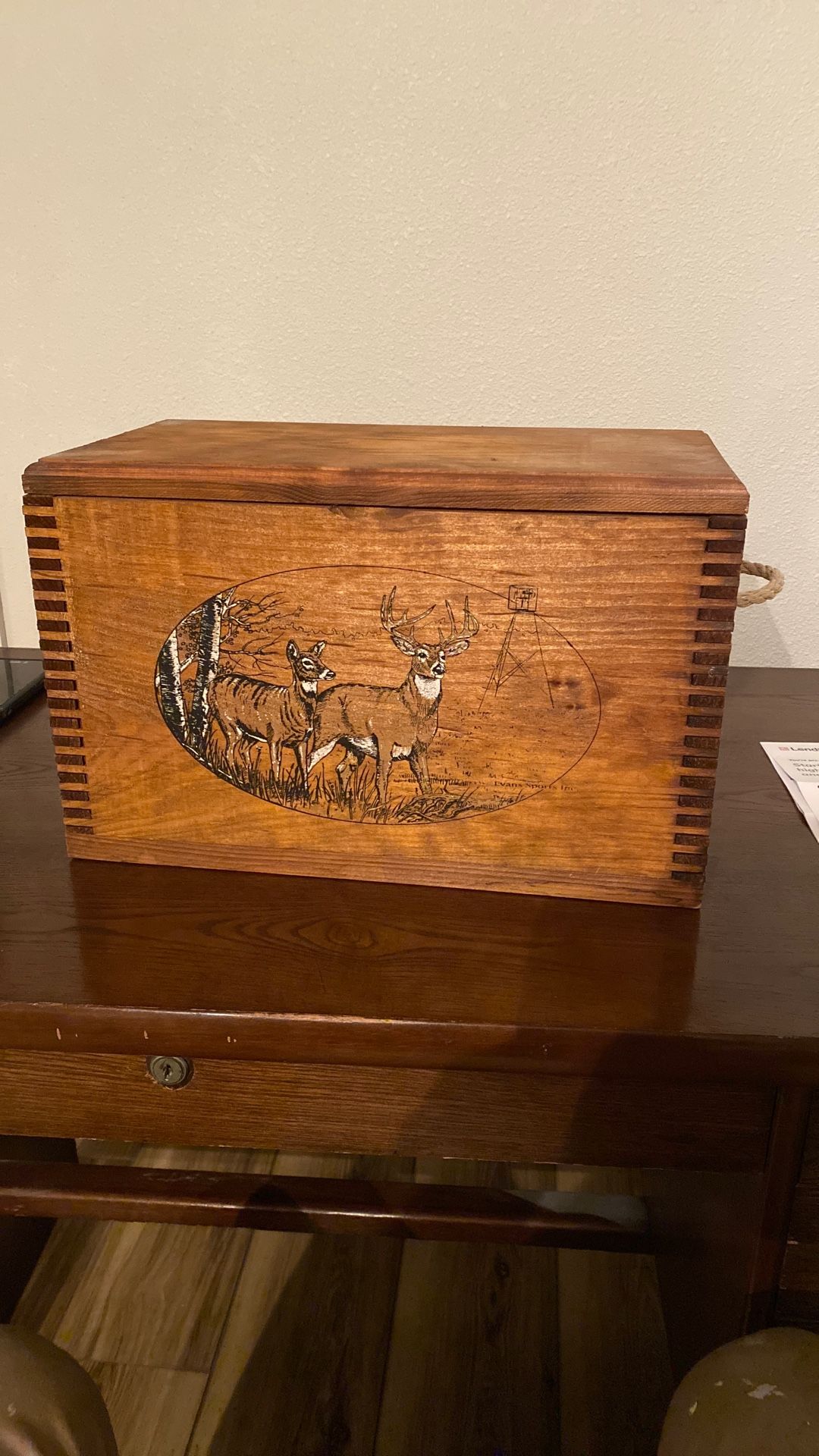 Vintage Wood Book Box Hinged Lid Dovetail Featuring Deer Giant Buck Artwork