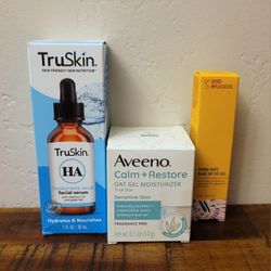 Truskin Serum, Aveeno Moisturizer, Good Molecules Eye Gel