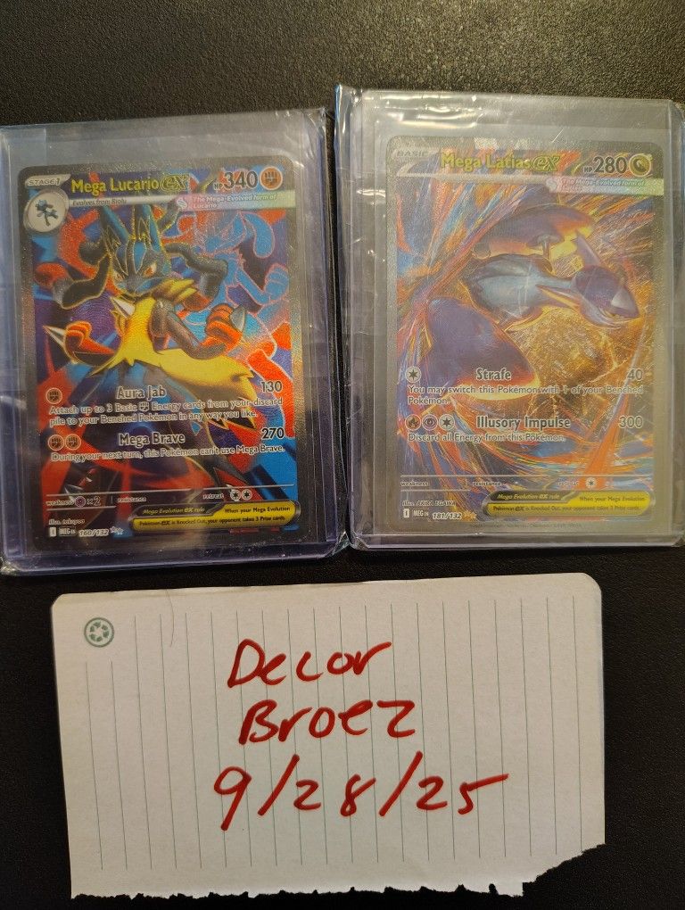 Selling 2 big hits from Pokemon mega evolutions. Both pulled and sleeved immediately. A mega latias ex sir + mega Lucario ex.