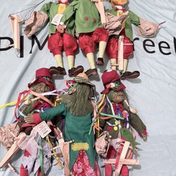 Vintage Czech Prague Marionette Puppets Lot (6) – Leprechauns + Festival Witches – Handmade Wooden Controls