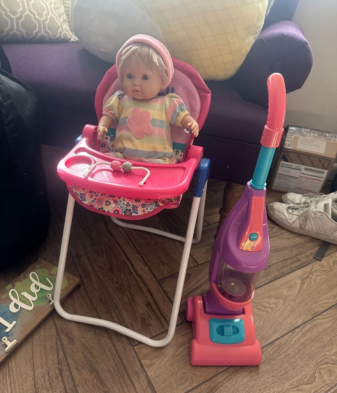 doll high chair and vacuum