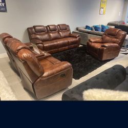 Santiago Brown Leather Reclining 3 Piece Living Room Sets---$1399---Unreal Pricing!!!!---No Credit Needed Financing Available 