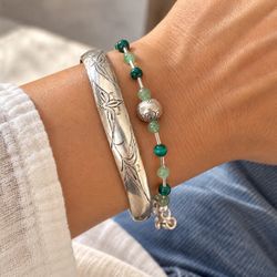 Vintage Sterling Silver Bracelets Engraved Floral Cuff Green Stone Bracelet Jewelry Malachite Jade Semi Precious Stones Healing 