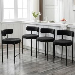  Counter Height Bar Stools, 24'' Black Bar Stools Set of 4, Boucle Barstools with Back, Mid-Century Modern Bar Chairs for Kitchen Island, Dining R