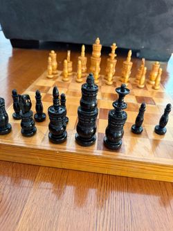 Antique Style Carved Chess Set + Board