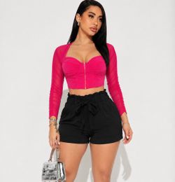 Hot Pink Mesh Sleeve Corset Crop Top(small)