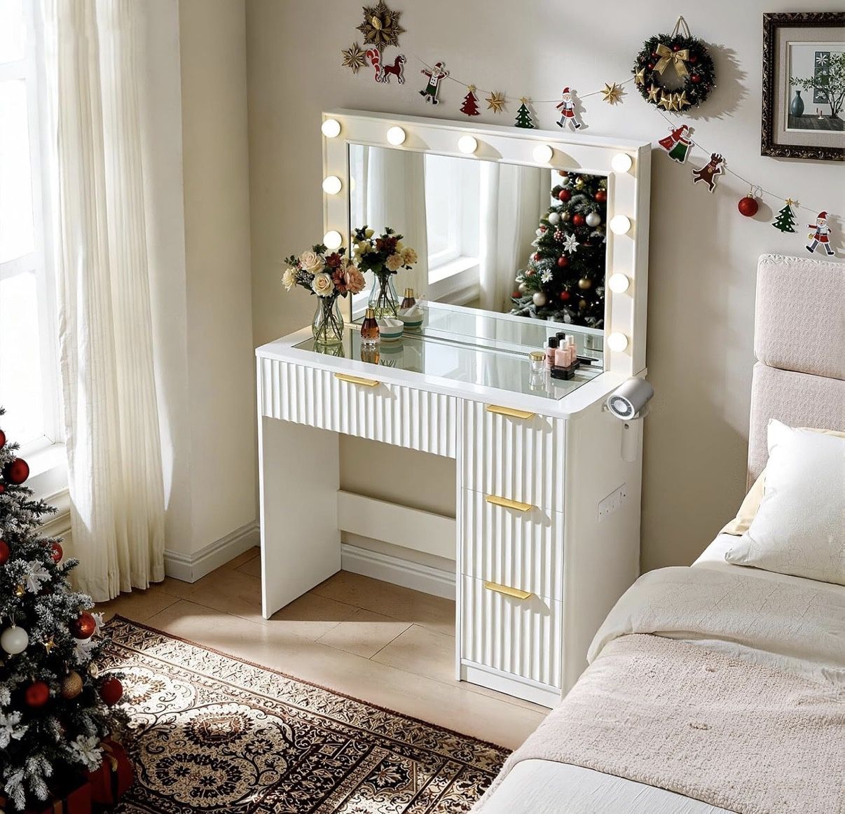 NEW! Makeup Vanity with LED Lights and Large Mirror, Glass Top Vanity Desk with Power Outlet and Hairdryer Holder, Dressing Table with Storage Drawers