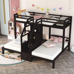NEW Espresso Twin over Twin & Twin Bunk Bed with Built-in Staircase and Storage Drawer