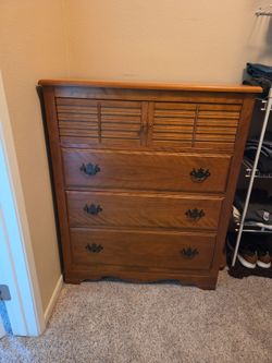 Tall Wood Dresser with Louvered Top Drawer