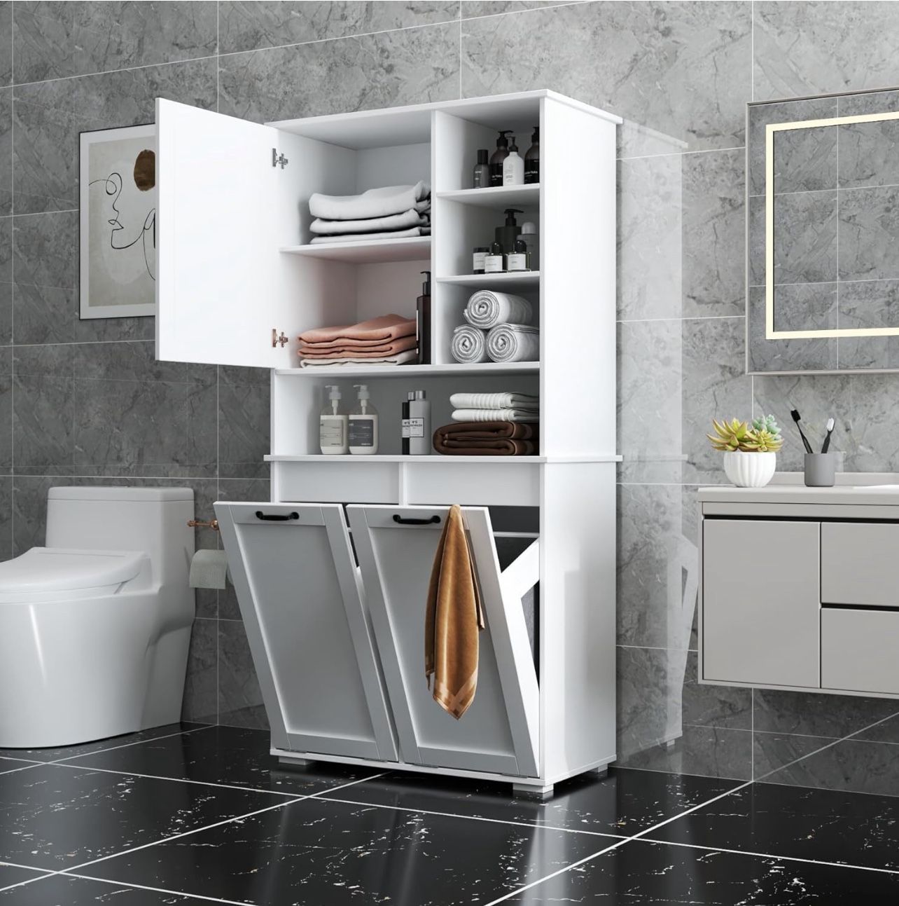 Laundry Cabinet with Doors and Shelf, Tilt-Out Laundry Hamper, Multiple Storage Space, Freestanding Style, Open Shelve, Adjustable Shelf,
