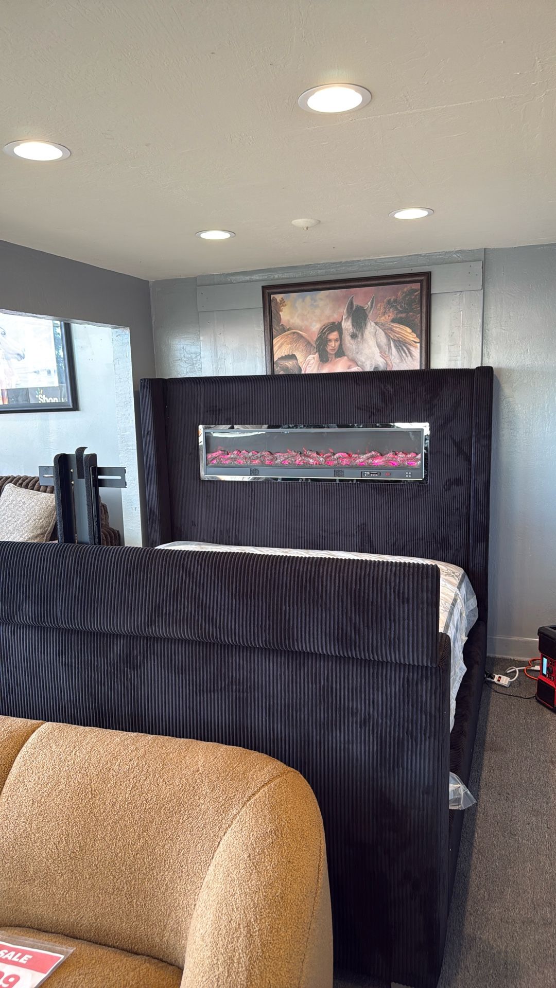 King Size Bed With rising tv stand and bluetooth fireplace