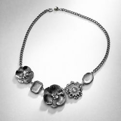 Silver Tone Floral Statement Necklace with Crystal Accents