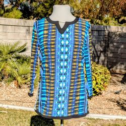 Women’s Multi-Color Patterned Print Sheer Tunic Stretch Blouse Petite XL Top EUC