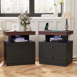 Farmhouse LED Nightstands Set of 2 w/ Charging Station & 2 Drawers, Black/Brown