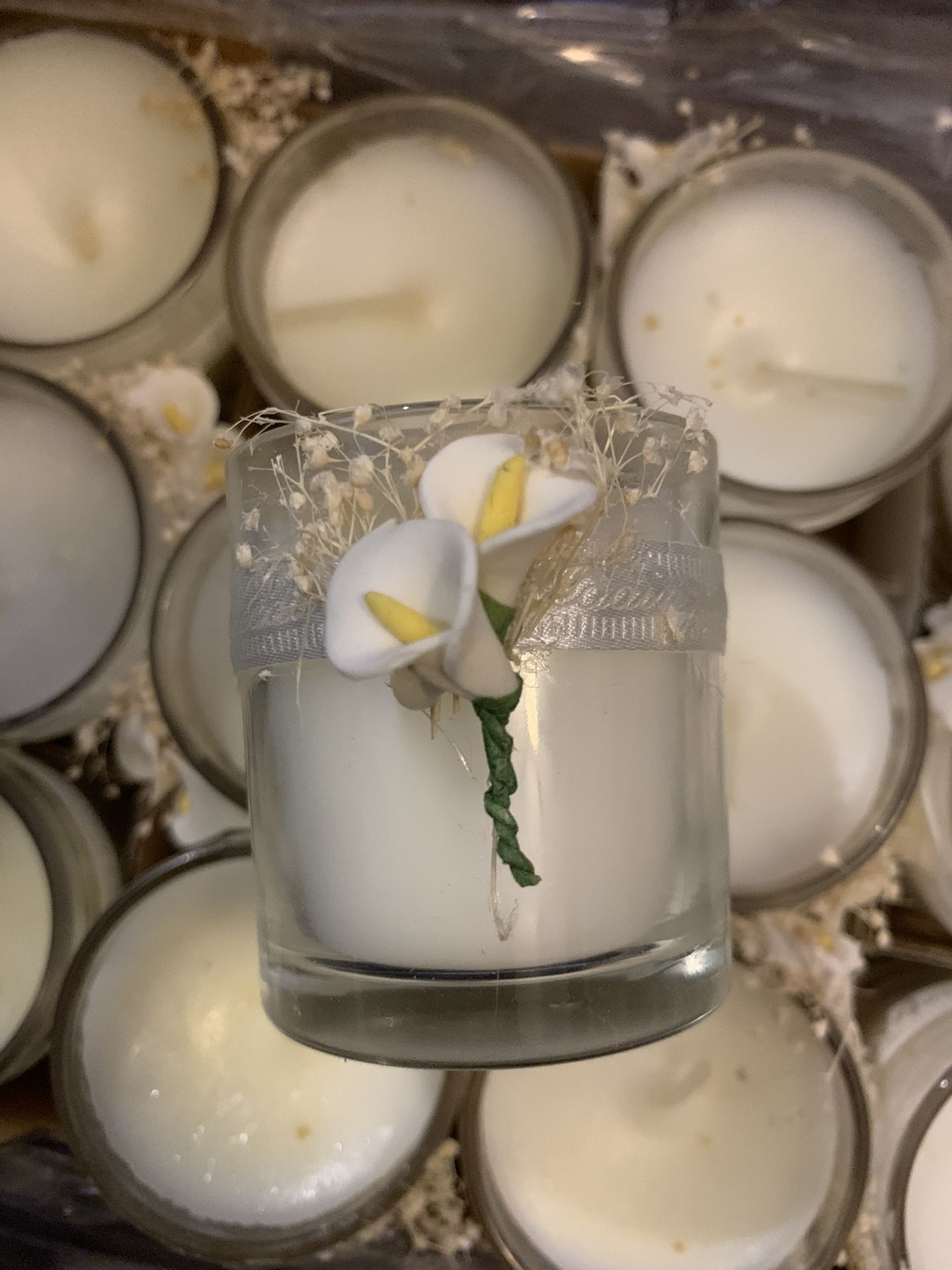 13 “Our Wedding” votive candles - already decorated with Calla Lillies and ribbon