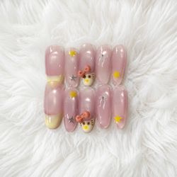 Handmade Press-On Nails Kawaii Cat Design