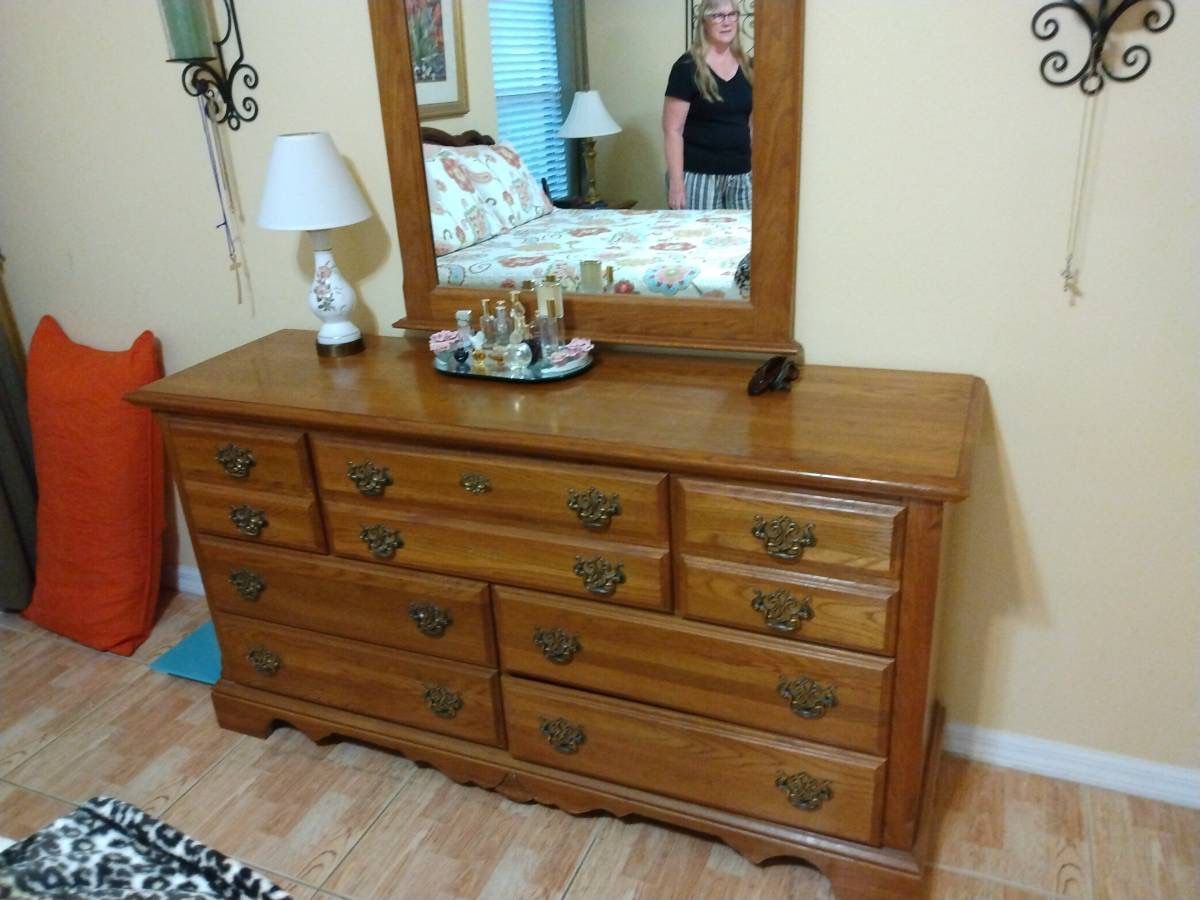 Oak Dresser, Mirror, Chest And 2 Matching End Tables