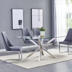 GLAM GRAY VELVET STAINLESS STEEL BASE 7 PIECE DINING TABLE SET