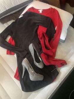 Red sparkly dress,blk sparkly dress,And 2 pairs of heels.