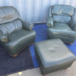 Pair of Vintage Green Leather Armchairs with Ottoman