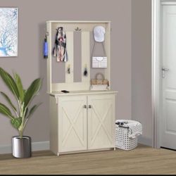 Antique white hall, tree and cabinet