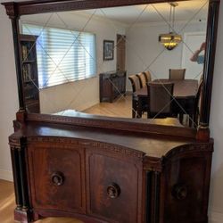 Antique American Mahogany Burlwood Sideboard / Breakfront / Buffet. With Original Beveled Glass Mirror. AMAZING PIECE! 