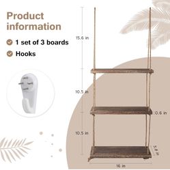 Decorative Wall Hanging Shelves Window Shelf for Plants 3 Tier Distressed Rustic Home Decor Wood Rope Shelf Floating Indoor Wall Swing Hanging Plant S