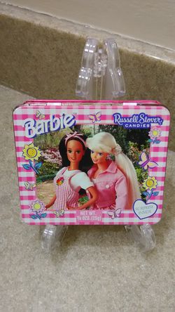 Vintage - Barbie Doll 1997 Russell Stover Candies Pink Square Check Tin Stamper Set