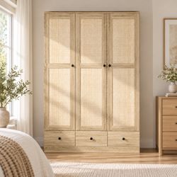 3-Door Wardrobe with Rattan Panels and Drawers