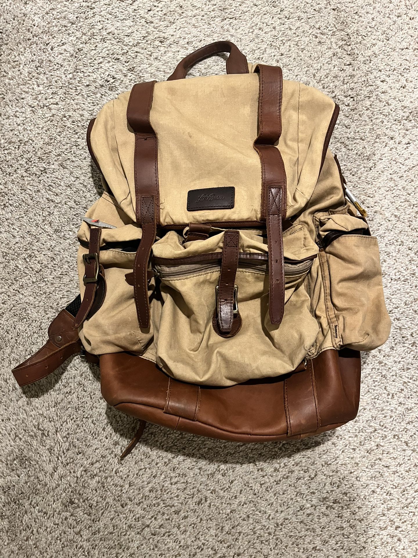 LL Bean Leather And Canvas Backpack / Book bag 