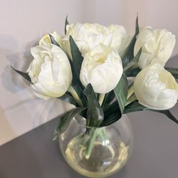 White Artificial Faux Decorative Tulips Flowers In Vase
