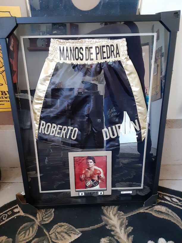 Roberto Duran Signed Trunks And Photo (Framed, Certified).