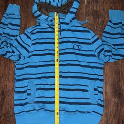 Y2K Ocean Pacific OP Blue Striped Zip Up Hoodie Insulated/Sherpa Hood Surf L