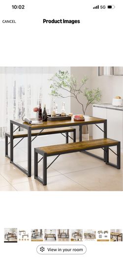Industrial Dining Table Set with 2 Benches