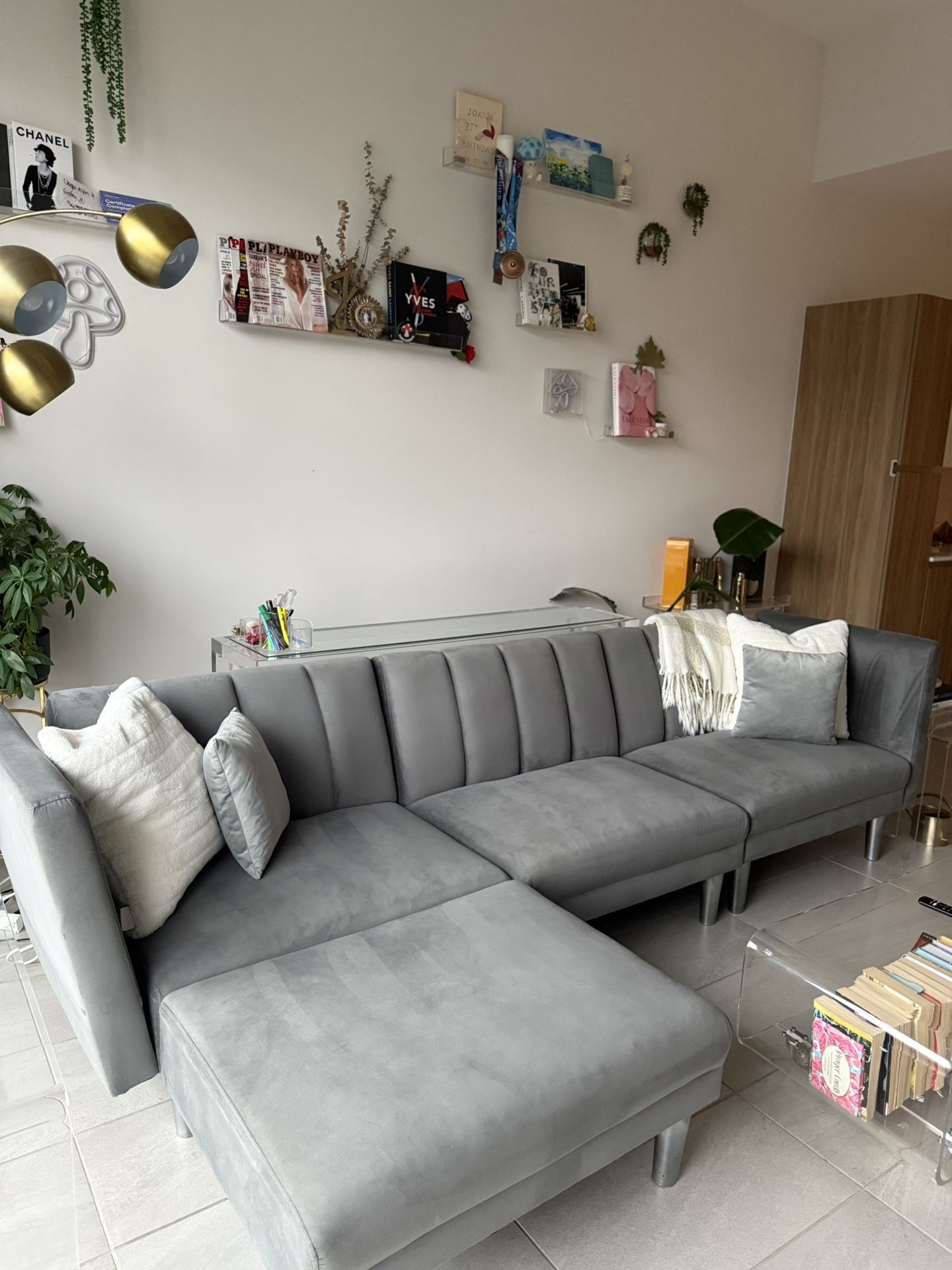 Grey Velvet Suede Reclining Sofa Bed Couch 106x56x31