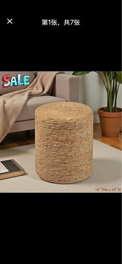 Tcbosik Handwoven Seagrass Round Ottoman, Natural Pouf Footrest Stool, Boho Farmhouse Accent Vanity Stool for Living Room, Bedroom, Entryway – No Asse