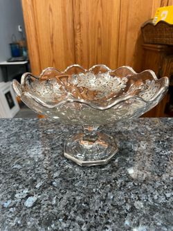 Vintage Etched Silver Compote Centerpiece Bowl Ruffled Scalloped Edge.  Very pretty.  Size 9 1/2 inches wide and 6 inches tall.  Preowned excellent co