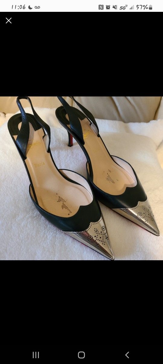 AUTH Christian Louboutin Black Leather Silver Cap Toe Slingback Pump - Size 37