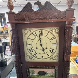Vintage Wall or Mental Clock Hand Carving with Eagle topper & Hand Painted Glass