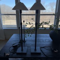 Two Restoration Hardware Utilitaire Glass Shade Table Lamps - Bronze