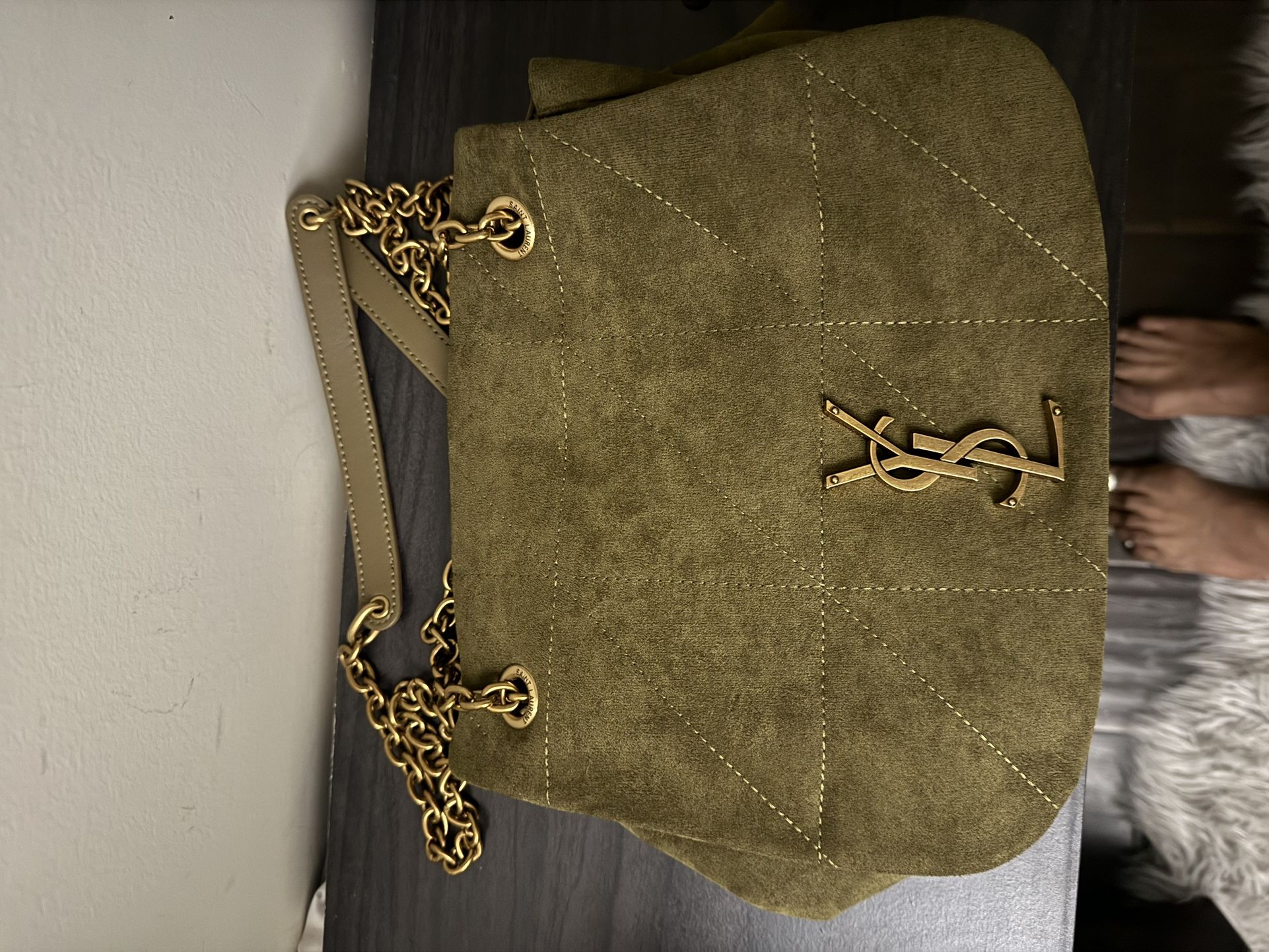 Saint Laurent YSL Envelope Chain Bag – Olive Green Suede with Gold Hardware