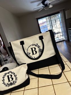 Initial zippered Canvas Tote Bag  with Strap and a matching makeup bag